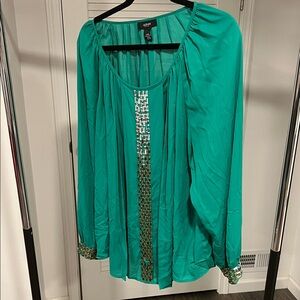 Alfani Teal Green Long-Sleeve Pleated Blouse with Metallic Trim
